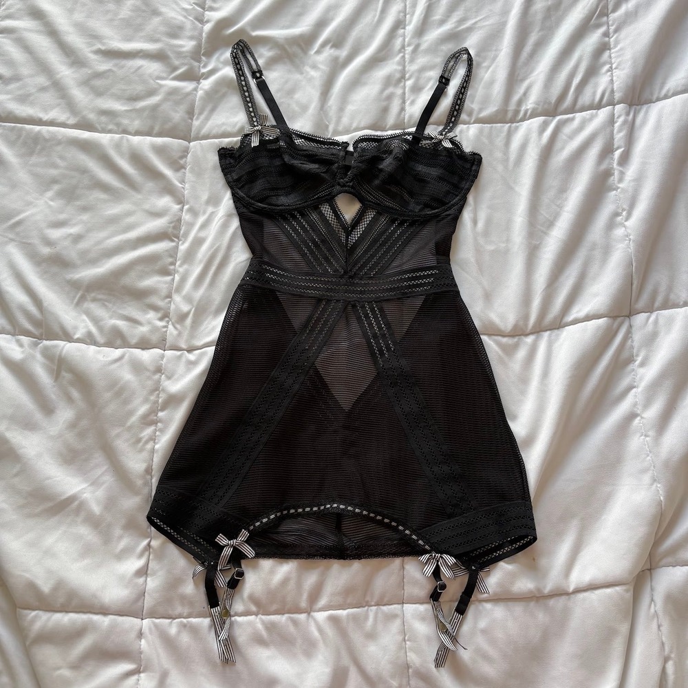 Victoria's Secret Black Lace Mesh Garter Slip Dress Underwire 36C Goth Grunge